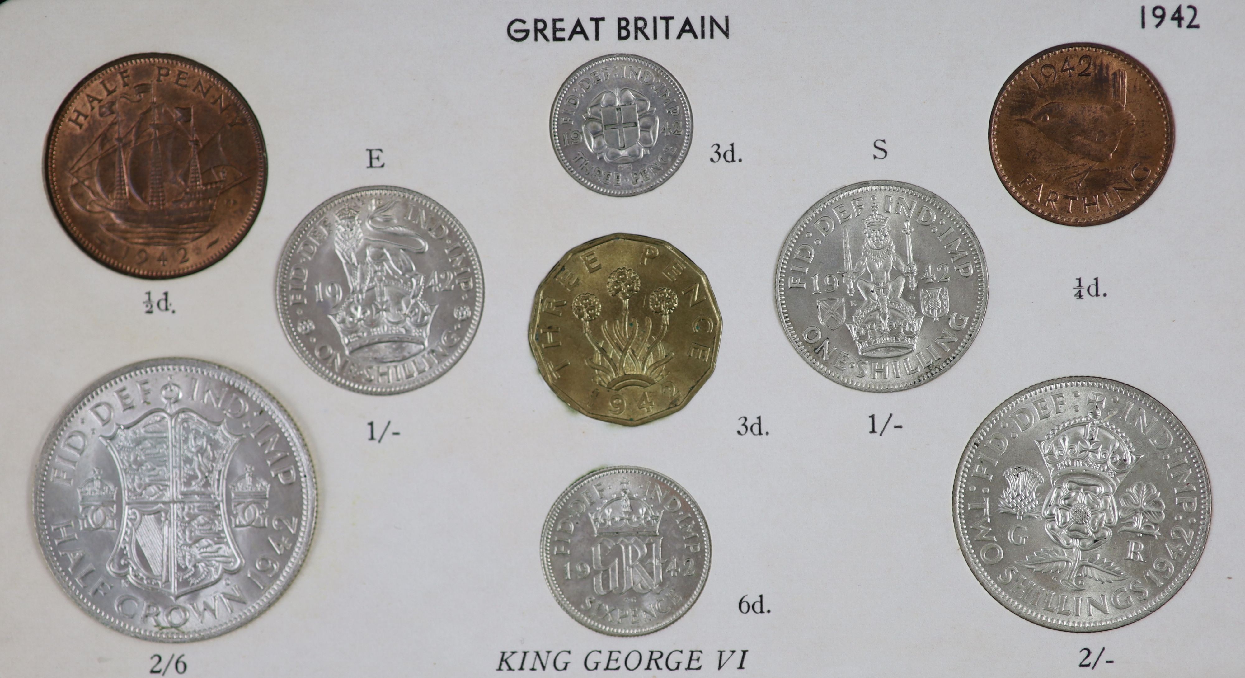 George VI specimen coin sets for 1938, 1939, 1940, 1941, 1942 and 1943, first coinage, the majority about EF or better